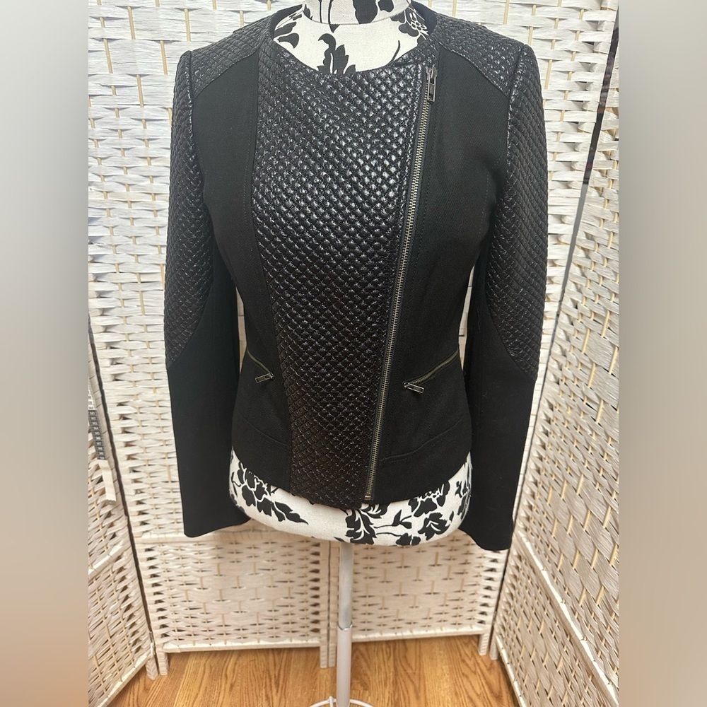 Trouve Quilted Faux Leather Wool Moto Jacket - Women | Color: Black |‎ Size: S